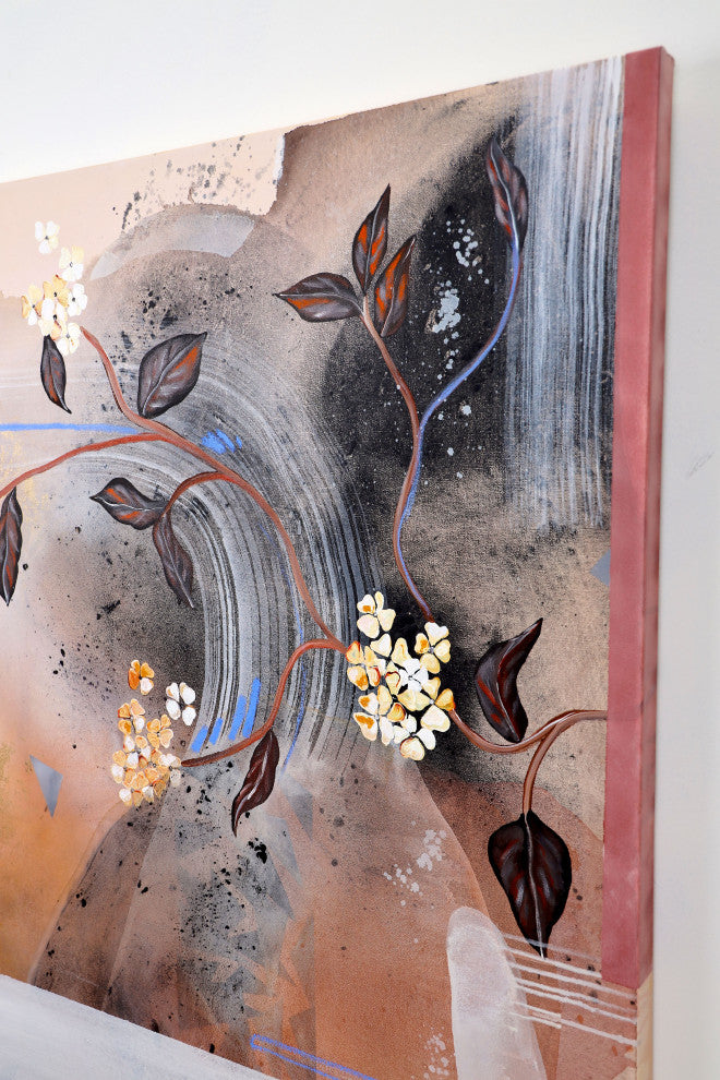 Abstract landscape painting, Beige brown painting, Black and white flower art