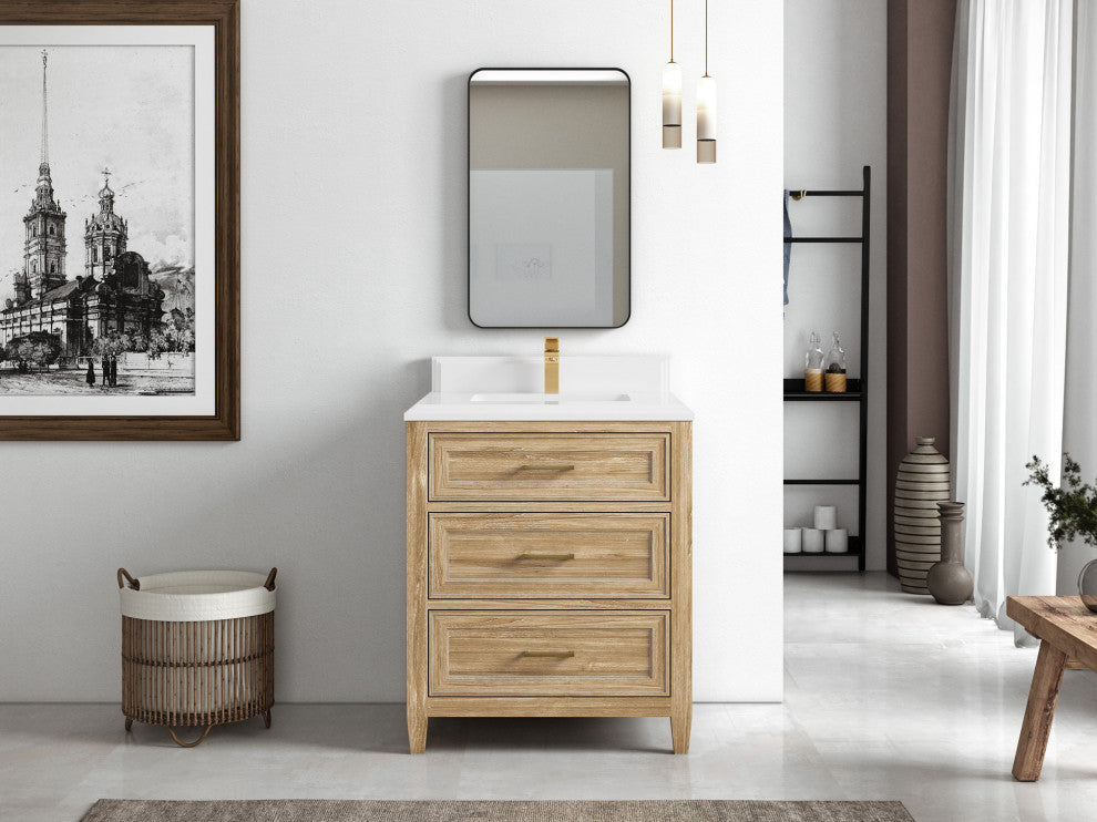 Santa Monica 30 Single Sink Bath Vanity in Whitewashed Teak 1.5" White Quartz