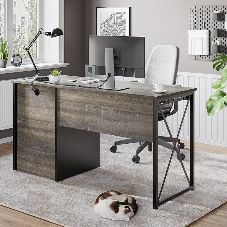 Industrial Desk, Spacious Top With Keyboard Tray & Storage Drawers, Dark Gray