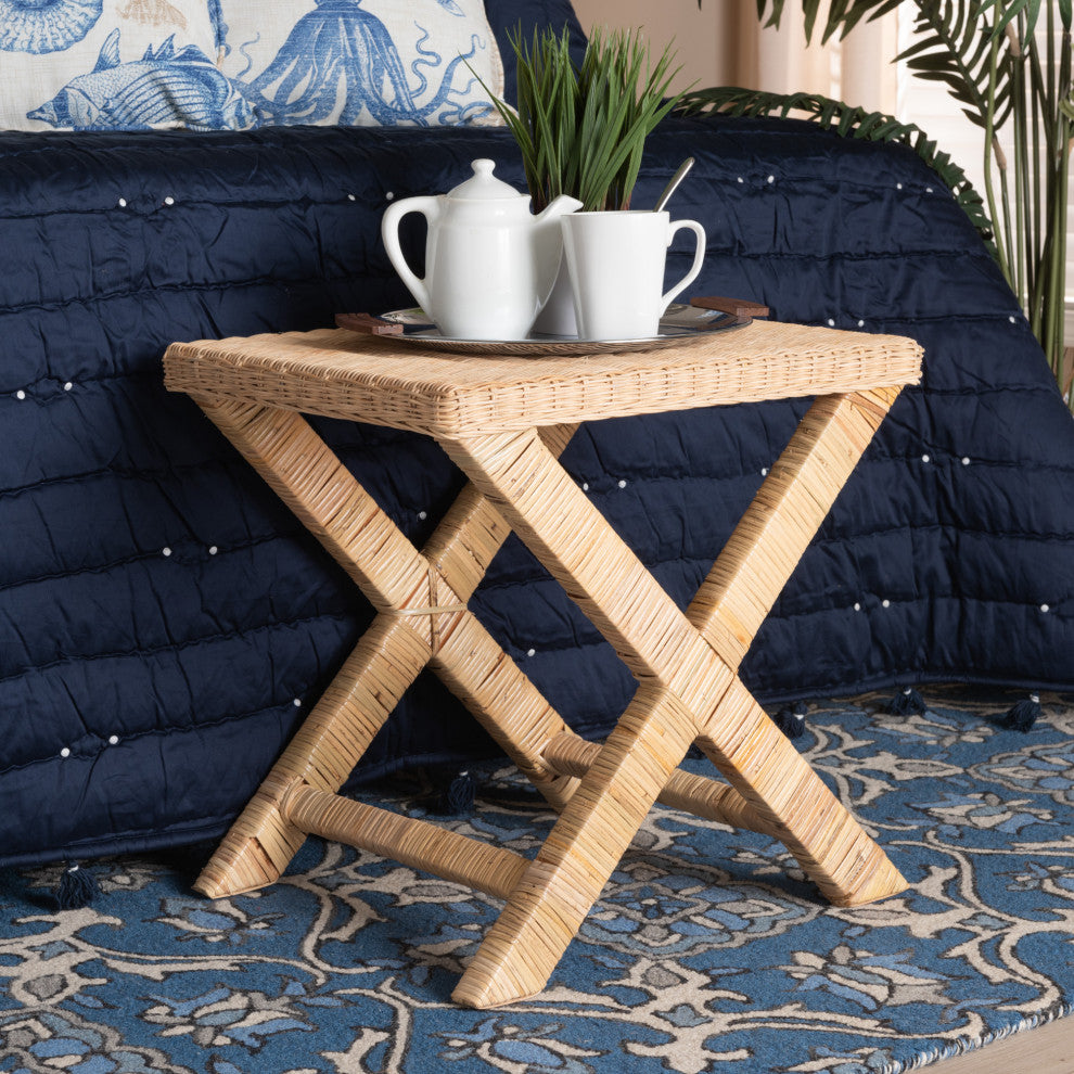 Ove Natural Rattan And Mahogany Accent Bench