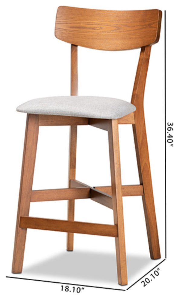 Gray Fabric Upholstered and Walnut Brown Finished Wood Counter Stool, Set of 2