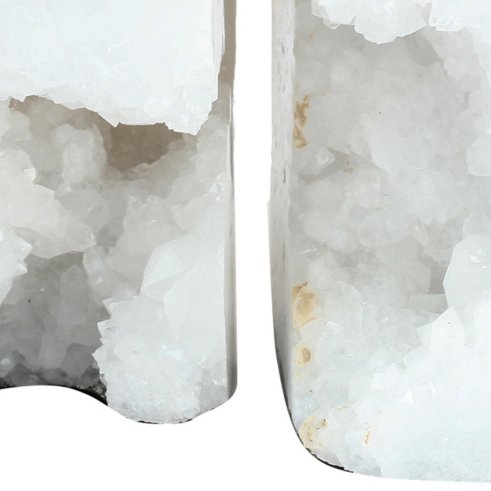 Benzara BM285560 5" Natural White Stone Bookends, Artisanal Textured Geode Rock