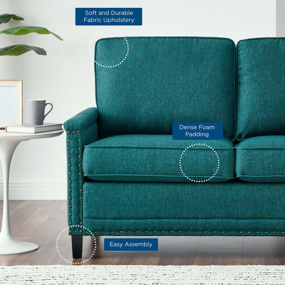 Loveseat Sofa, Fabric, Teal Blue, Modern, Living Lounge Hotel Lobby Hospitality