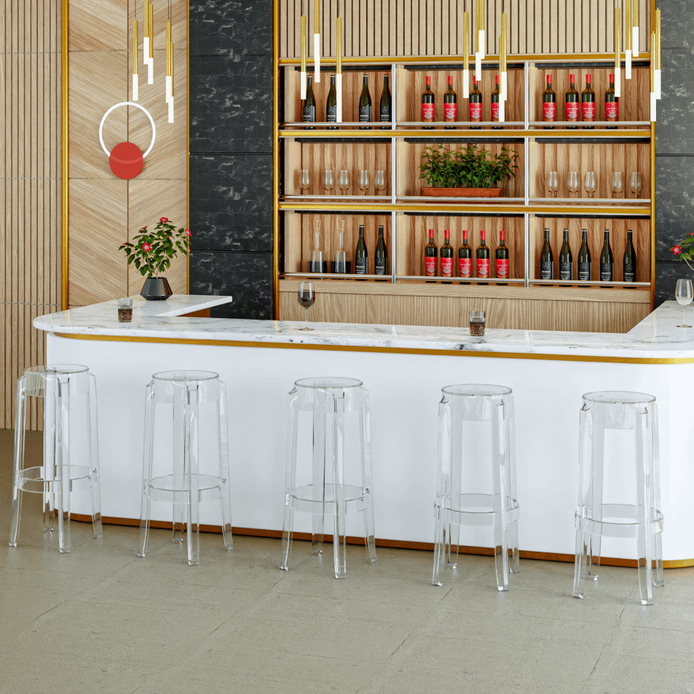 LeisureMod Averill Plastic Barstool with Clear Acrylic Seat and Legs, Single