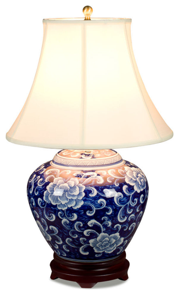 Blue and White Peony Motif Asian Porcelain Lamp