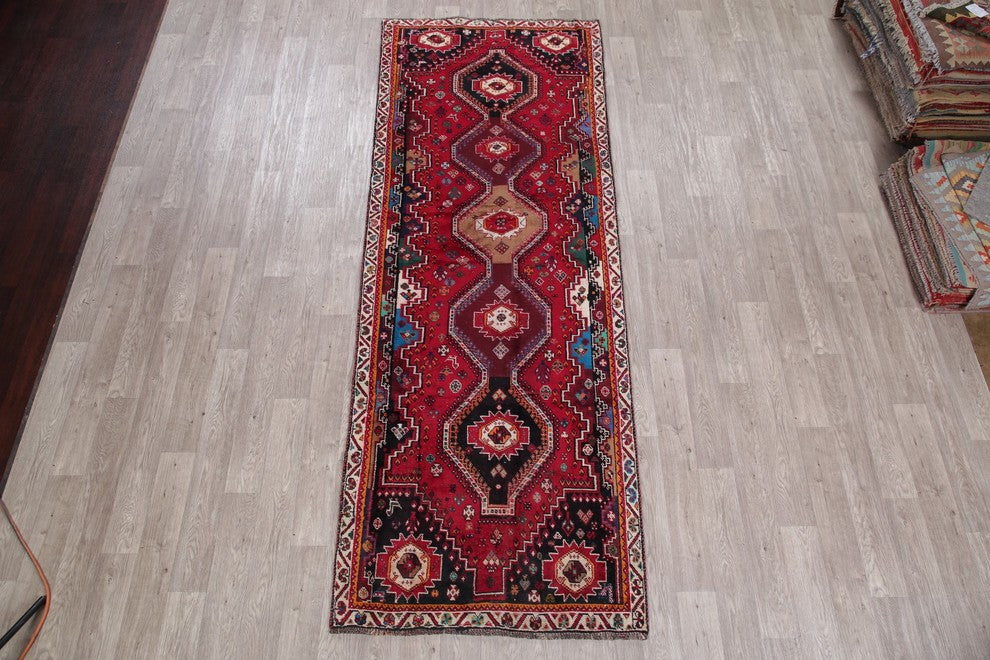 Consigned, Vintage Handmade Persian Oriental Low Pile Carpet, Red, 10'8"X3'11"