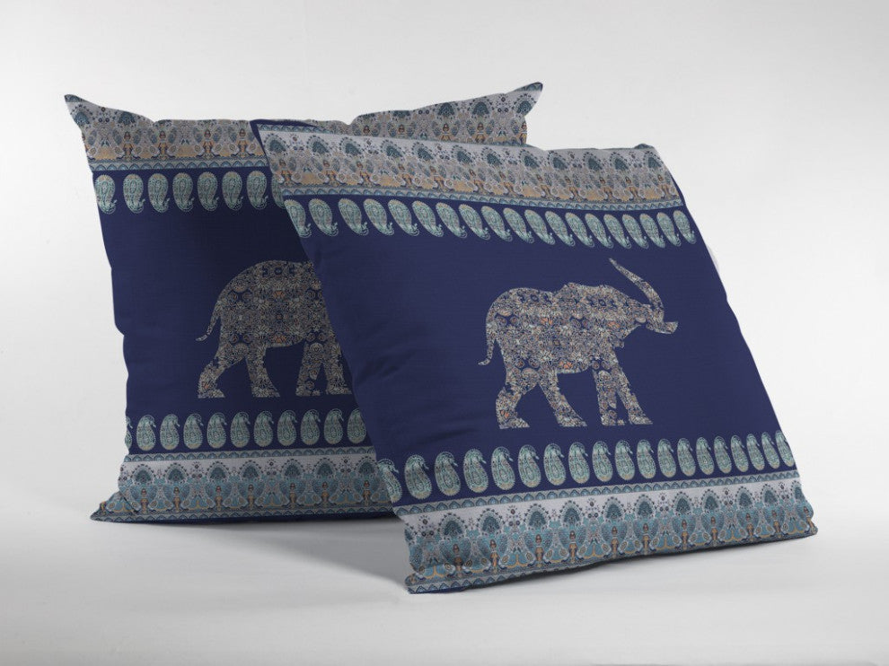 16" Navy Ornate Elephant Suede Throw Pillow