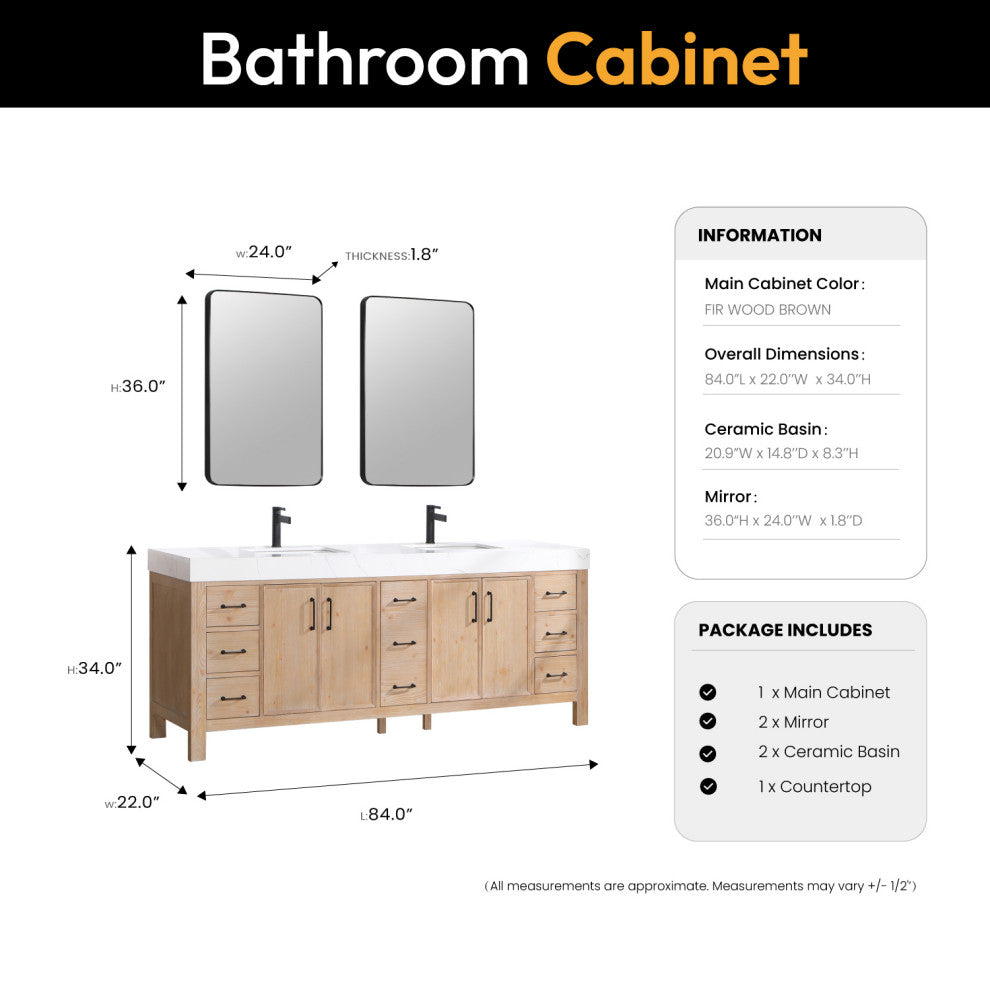 Leon Bath Vanity With Composite Stone Top, Fir Wood Brown, 84", With Mirror