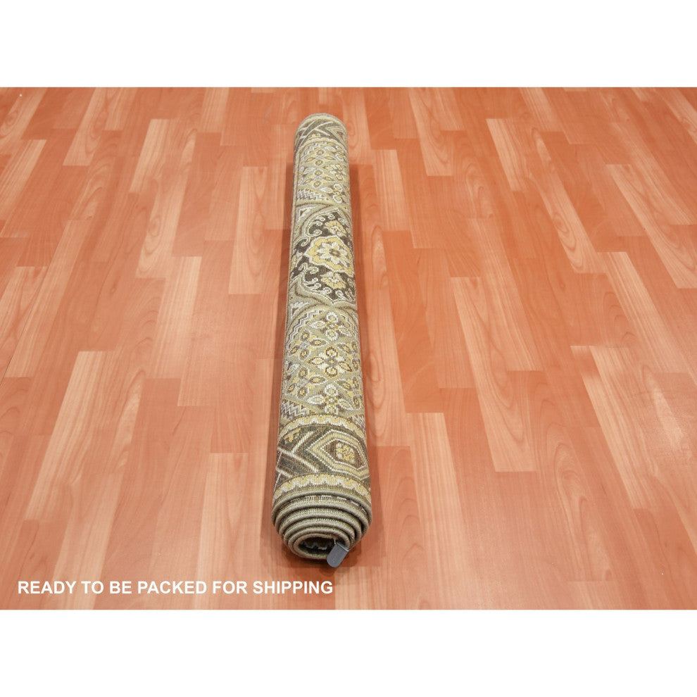 Taupe/Brown Textured Wool Silk Mughal Inspired Hand/Knotted Rug, 4'0"x6'2"