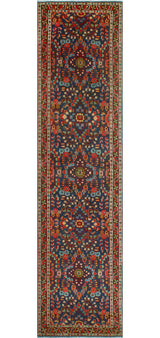 Fine Vintage Distressed Adriadna Red/Navy Runner, 3'3x12'7