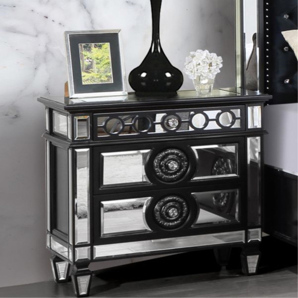 Elegant Nightstand, Mirrored Design With Unique Accents & Drawers, Black/Silver