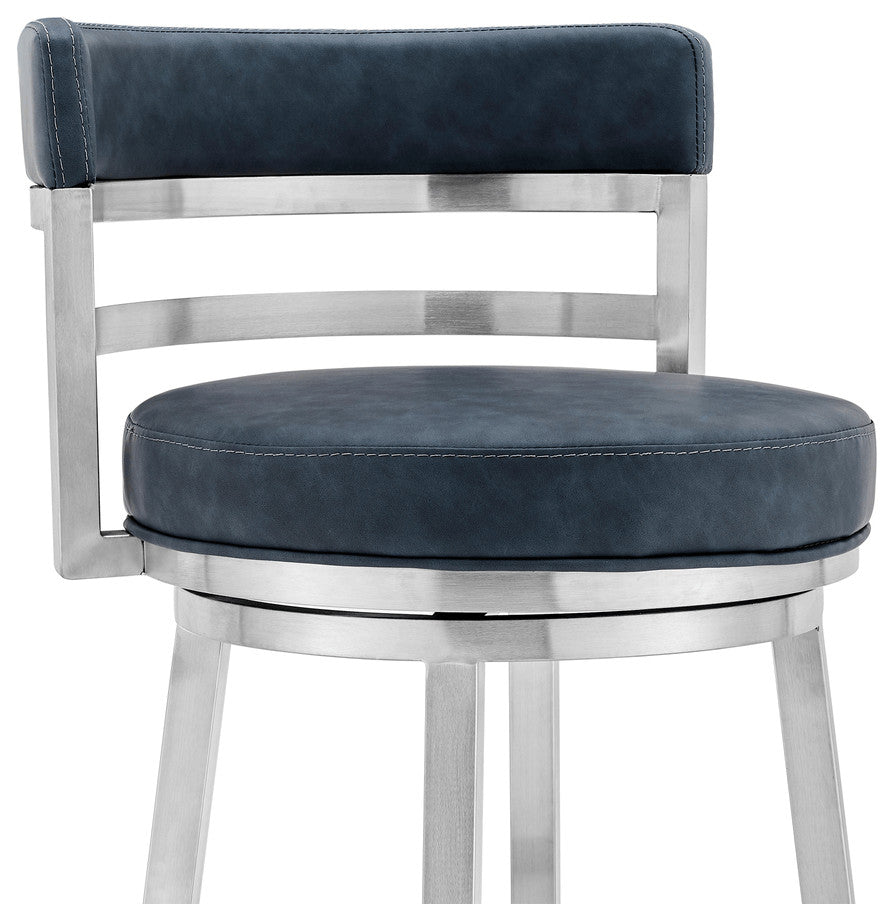 40" Blue Faux Leather And Iron Swivel Low Back Bar Height Chair