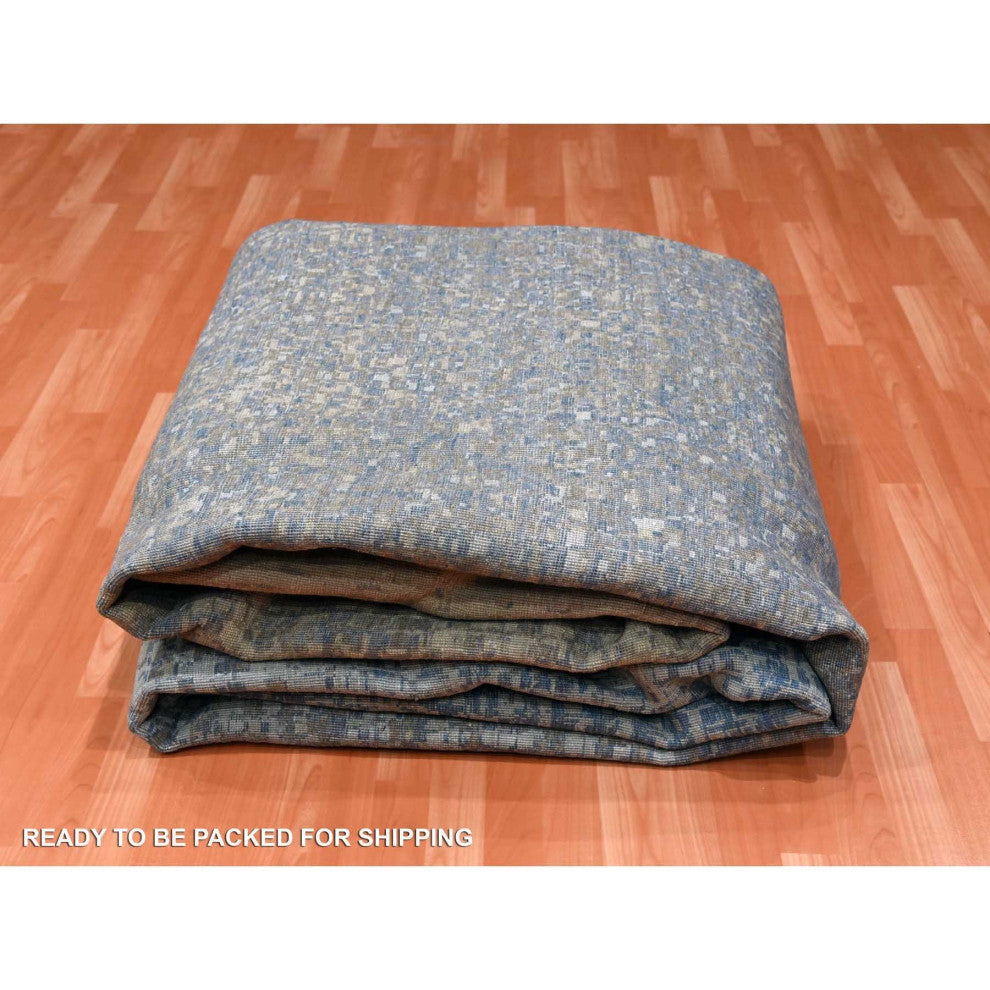 Denim Blue, Modern, Hand Knotted Pure Silk and Wool Oversized Rug, 12'0"x18'0"