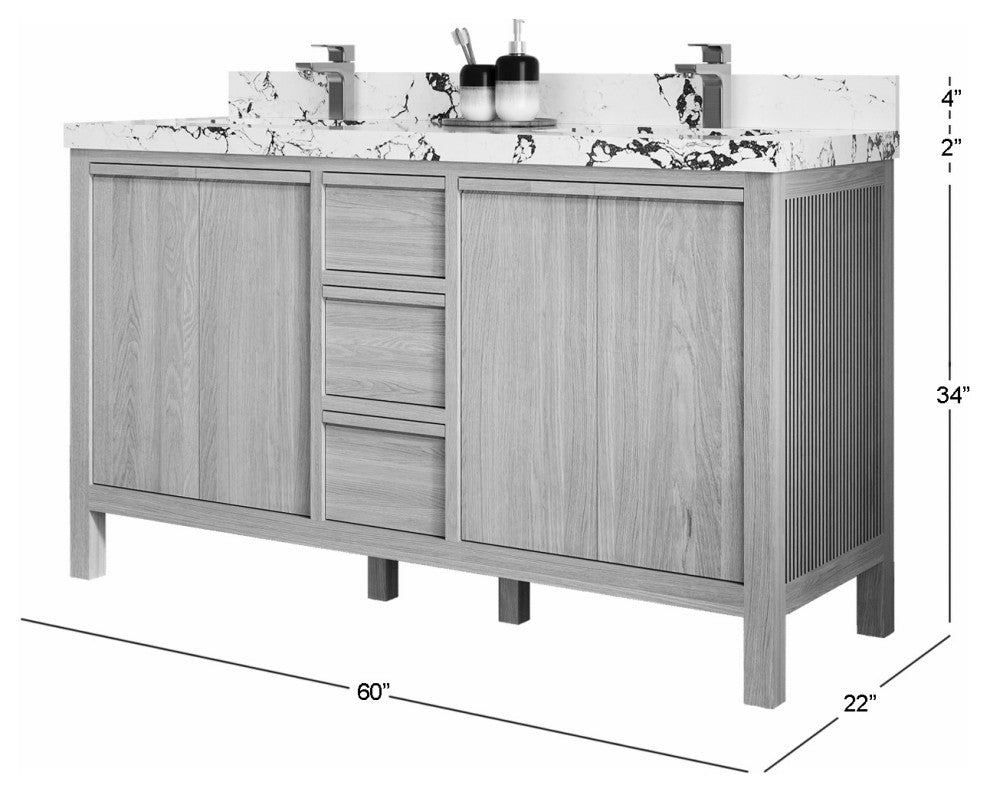 Elizabeth Oak 60" Double Sink Vanity, White 2" Viola Gold