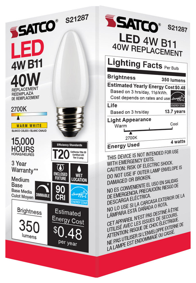 4W B11 LED, Frost, Medium Base, 90 CRI, 2700K, 120V