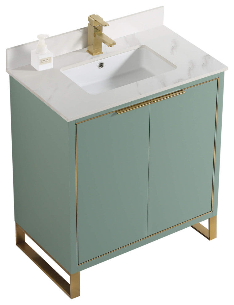Opulence Bath Vanity, Mint Green, 30", Satin Brass Hardware, White Carrara Top