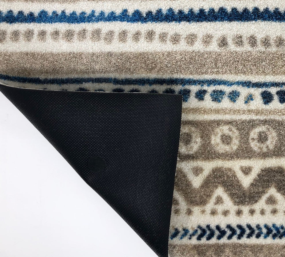 2' x 6' Blue and Taupe Tribal Washable Runner Rug
