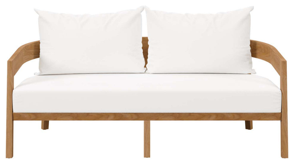Sectional Sofa Chair Table Set, White Natural, Teak Wood, Modern, Outdoor Patio