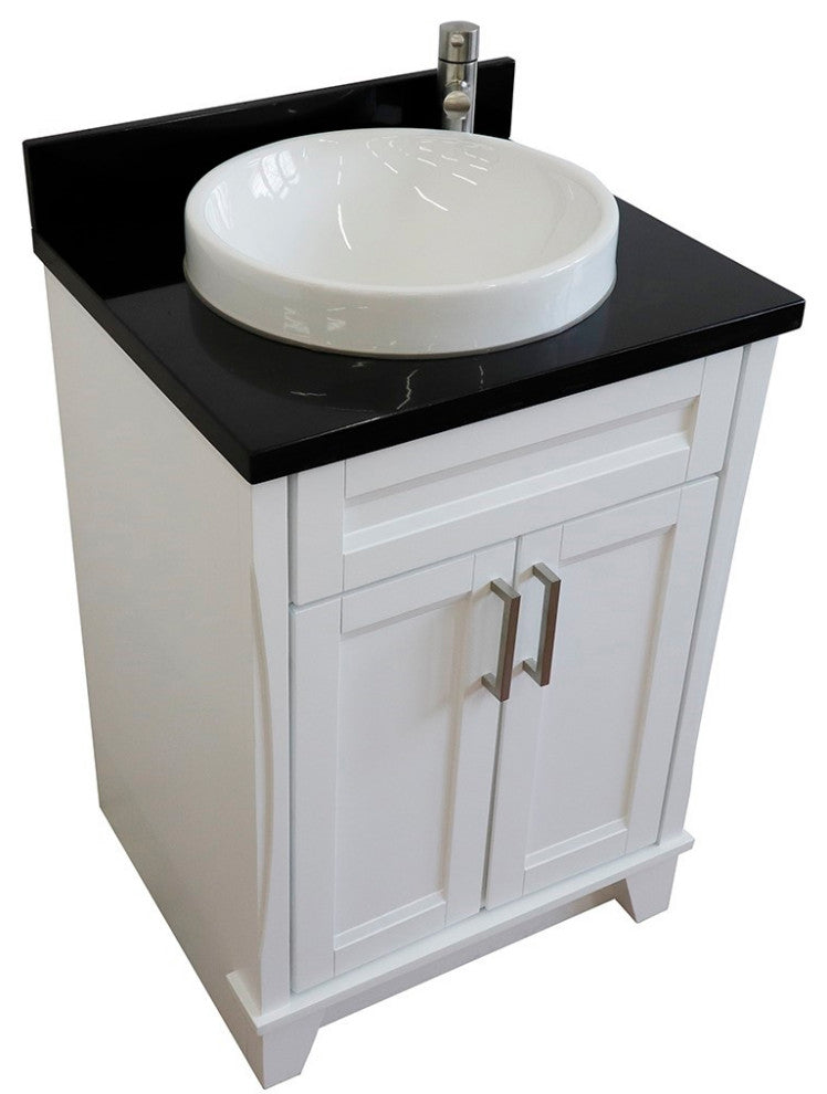 25" Single Sink Vanity, White Finish With Black Galaxy Granite And Round Sink