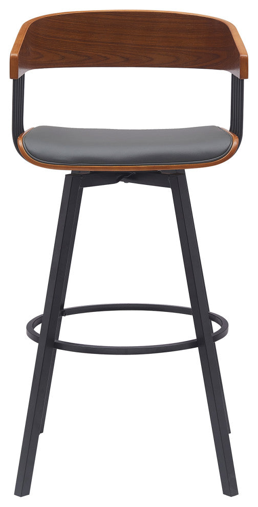 Athena 27" Swivel Walnut Wood Counter Stool Gray Faux Leather With Black Metal, 31