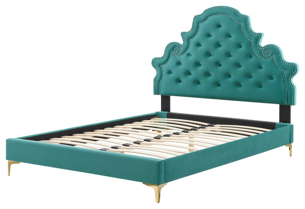 Tufted Platform Bed Frame, Twin Size, Velvet, Teal Blue, Modern Contemporary