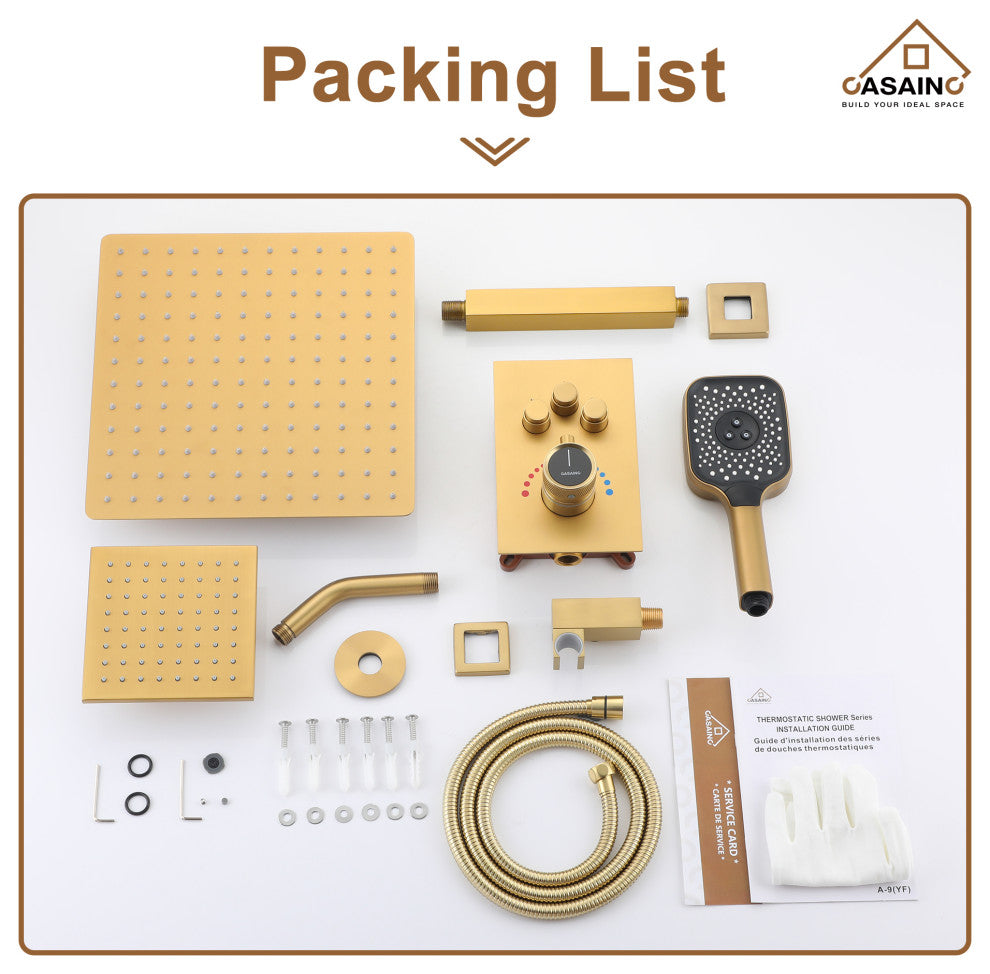 CASAINC 12" Ceiling Mounted Rainfall Shower System Set w Dual Shower Head, Brushed Gold
