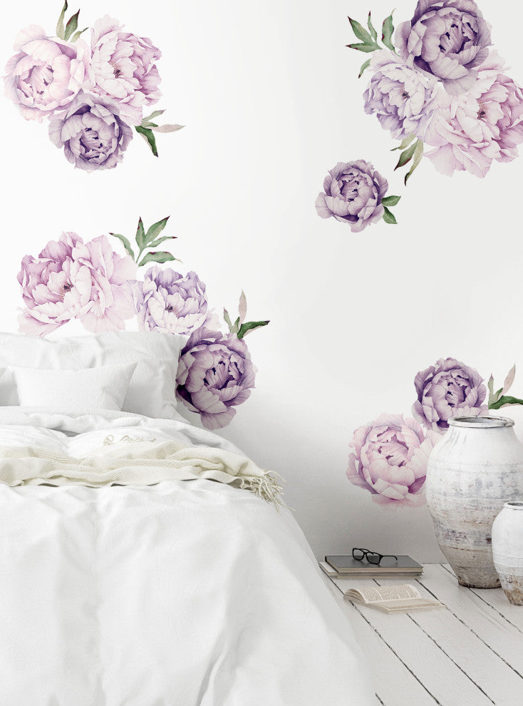 Peony Flowers Vinyl Wall Sticker, Large Set, Mixed Lavender Purple