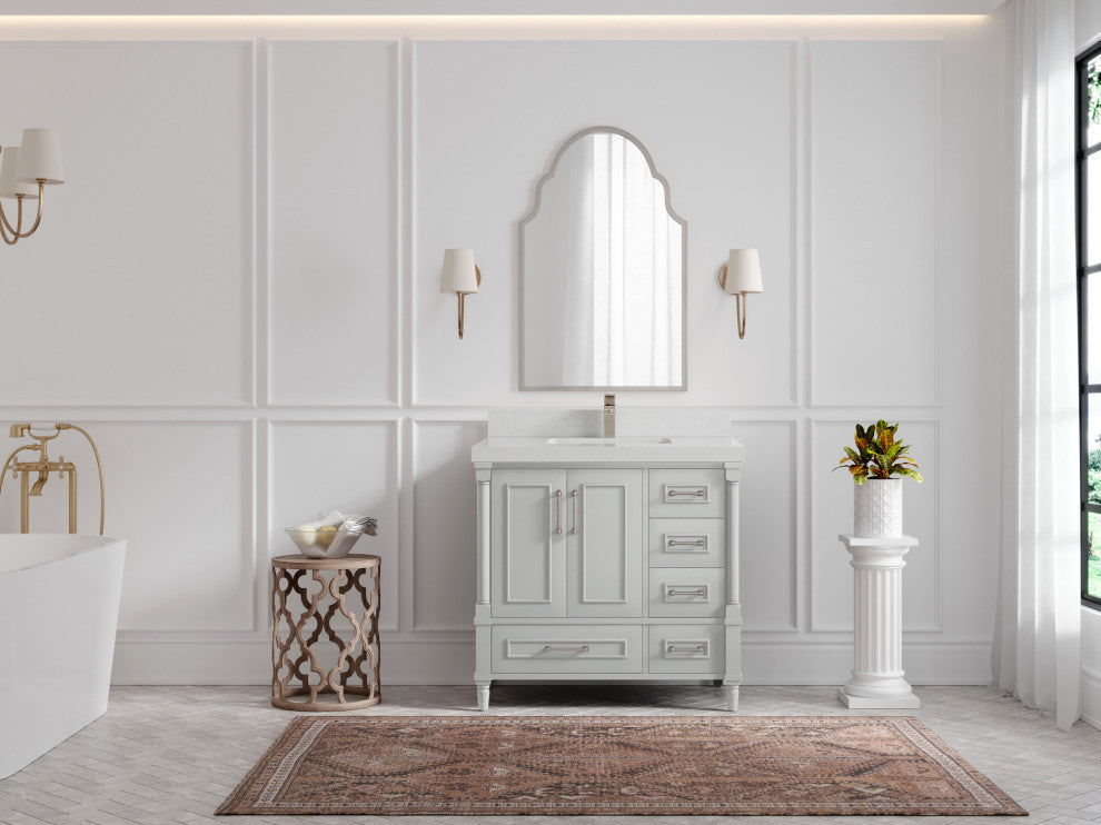 Aberdeen 36 Center Sink Bath Vanity in Coventry Gray 2" Carrara Quartz
