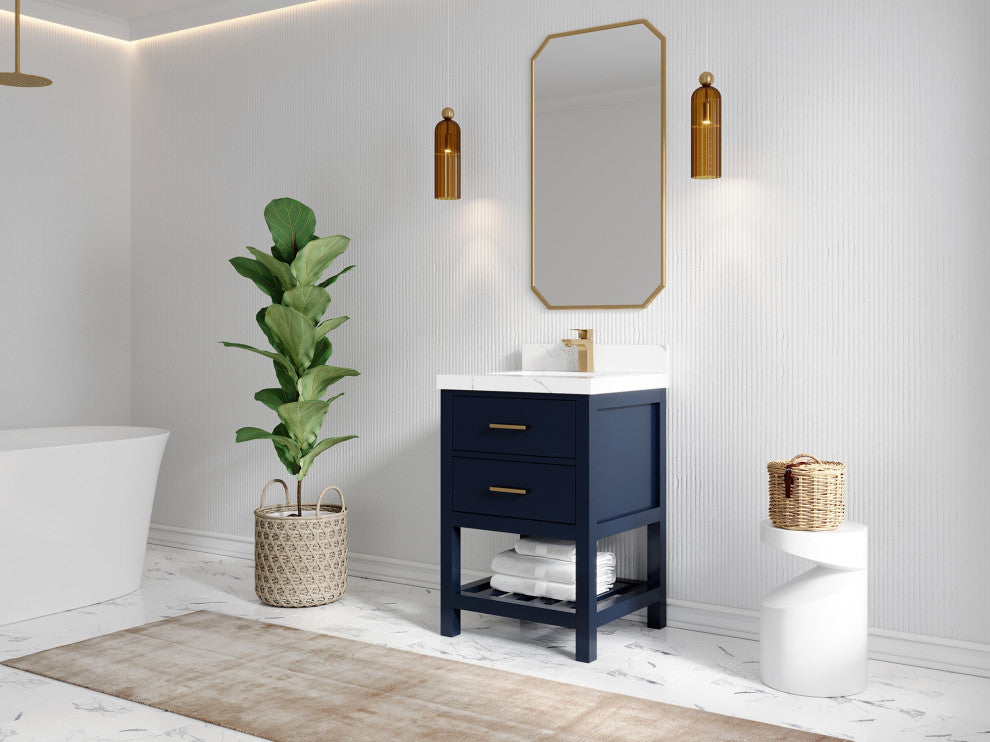 Parker 24" Single Sink Bath Vanity, Navy Blue 2" White Quartz