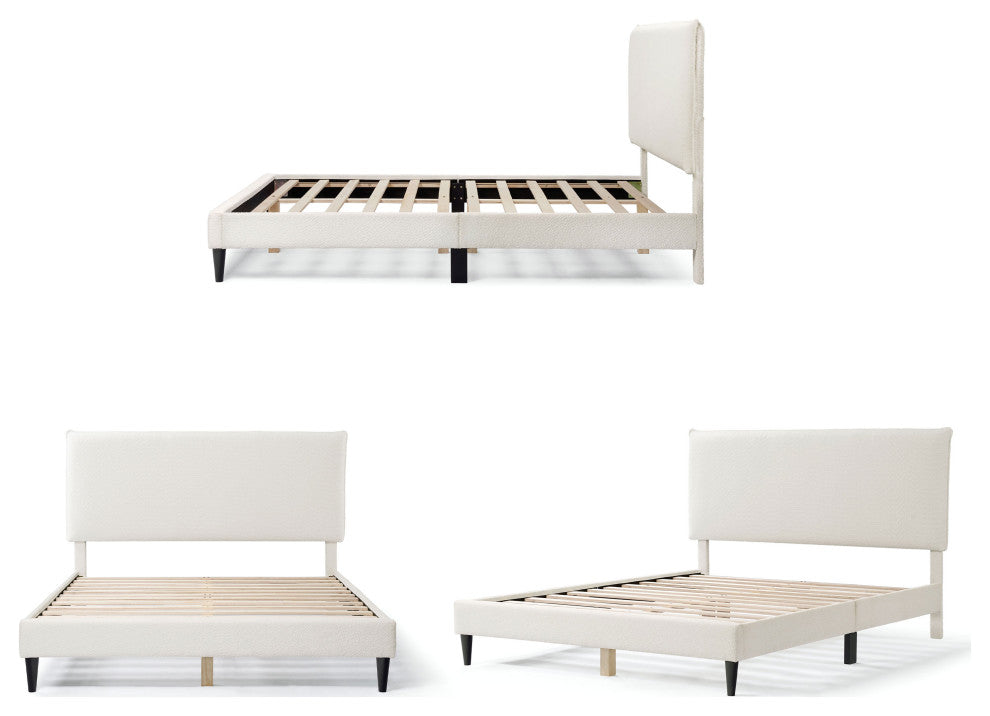 Miles White Boucle Upholstered Wood Frame Platform Bed, Queen, Pillow