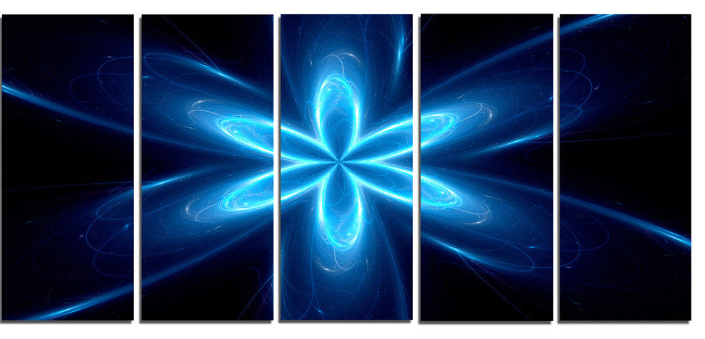 Blue Glowing Space Fractal Flower, Flower Artwork on Canvas, 60"x28", 5 Panels