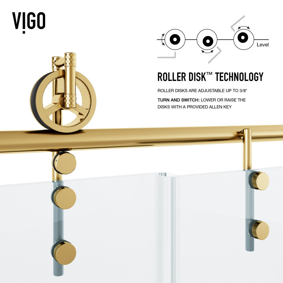 VIGO Hamilton Frameless Sliding, Matte Brushed Gold, Tub Door, 56" to 60" W X 68" H, Clear Glass