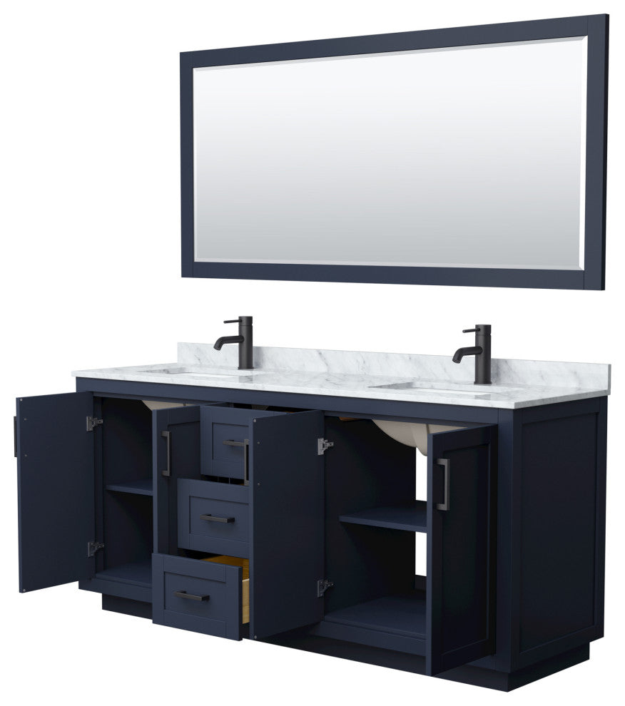 72"DBL Vanity Dark Blue, Carrara Countertop, Sinks, Black Trim, 70"Mirror