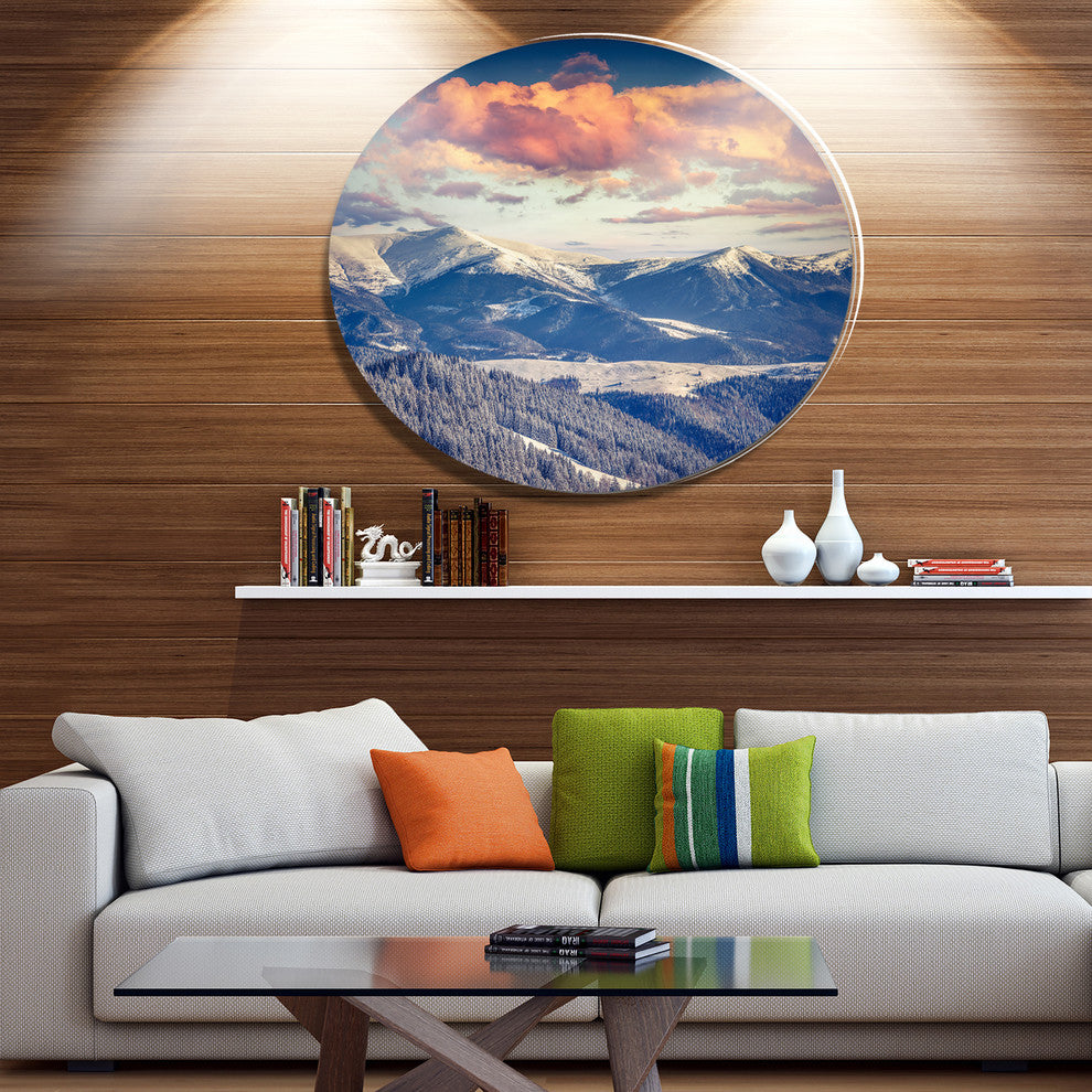 Winter Alpine Sunset Over Hills, Landscape Art Round Metal Artwork, 11"