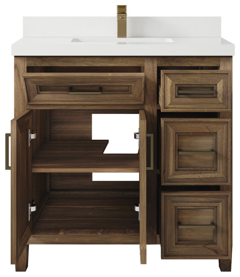 Santa Monica 36 Center Sink Bath Vanity in Graywashed Teak 2" White Quartz
