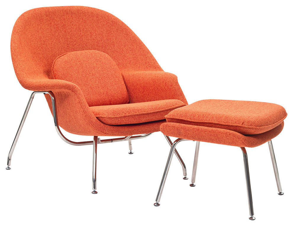 Modern Contemporary Living Room Lounge Chair and Ottoman, Orange Tweed