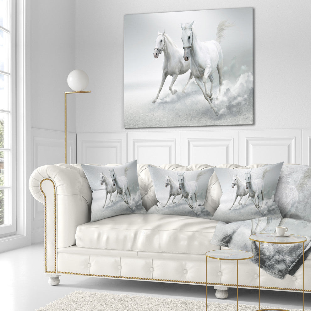 Running White Horses Animal Throw Pillow, 16"x16"