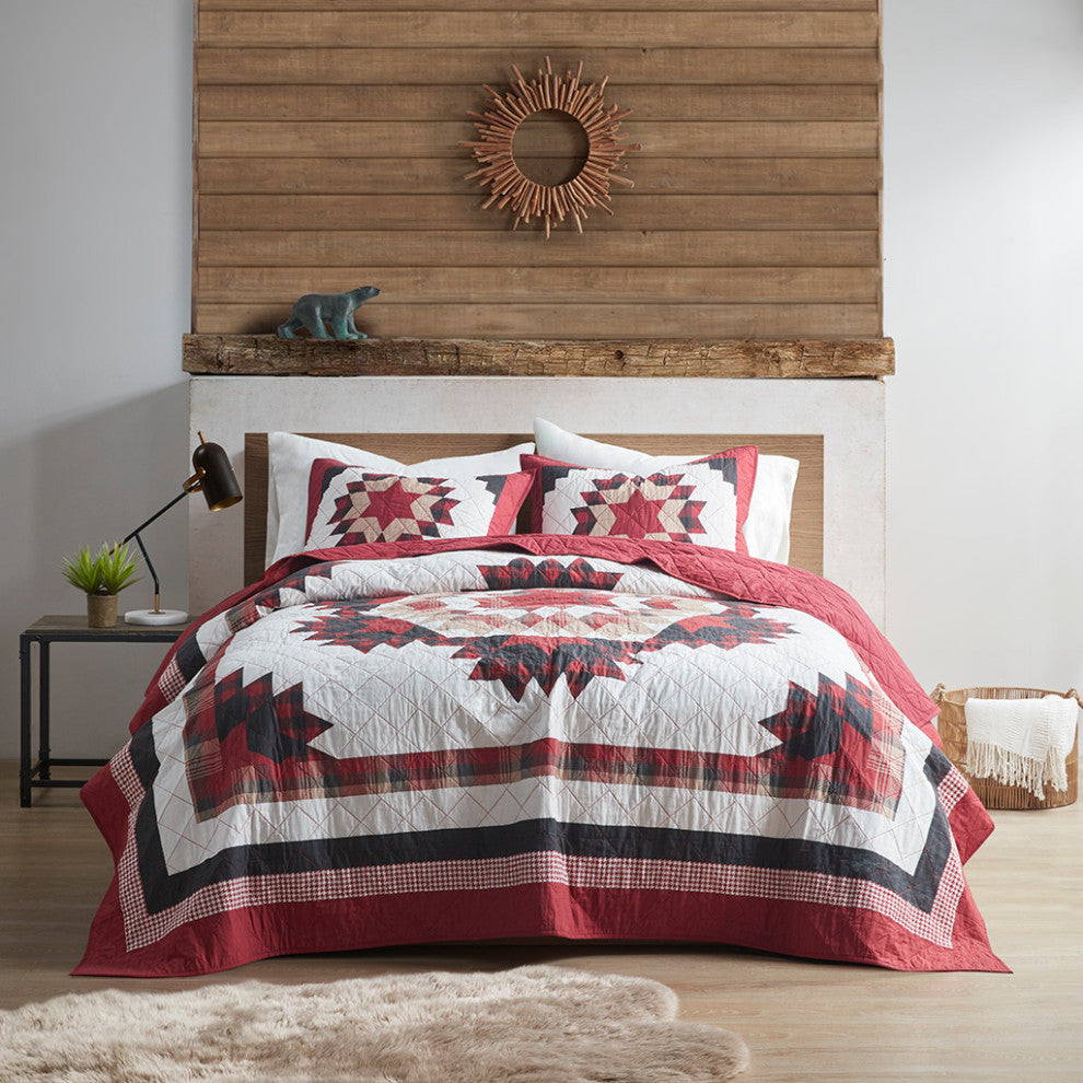 Woolrich Compass Cabin Style Cotton 3-Piece Quilt Set, Red