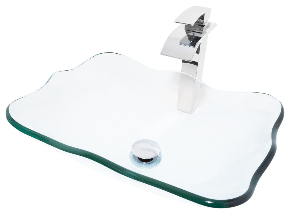 Clear Scalloped Tempered Glass Vessel Bathroom Sink Combo with Faucet and Drain, Chrome