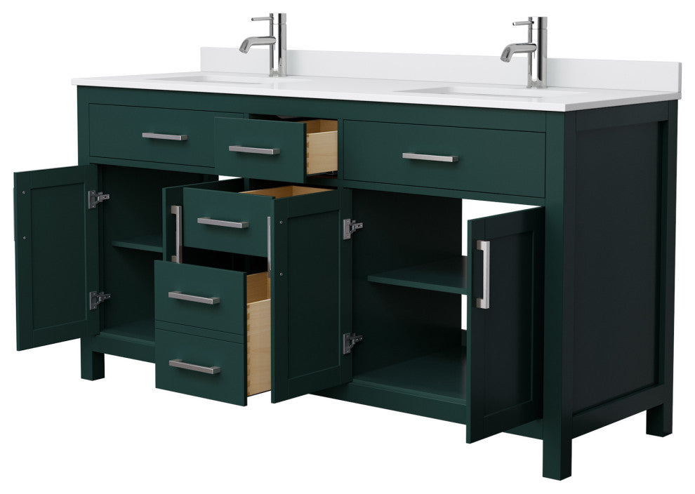 Beckett 66" Green Double Vanity, White Cultured Marble Top, Nickel Trim