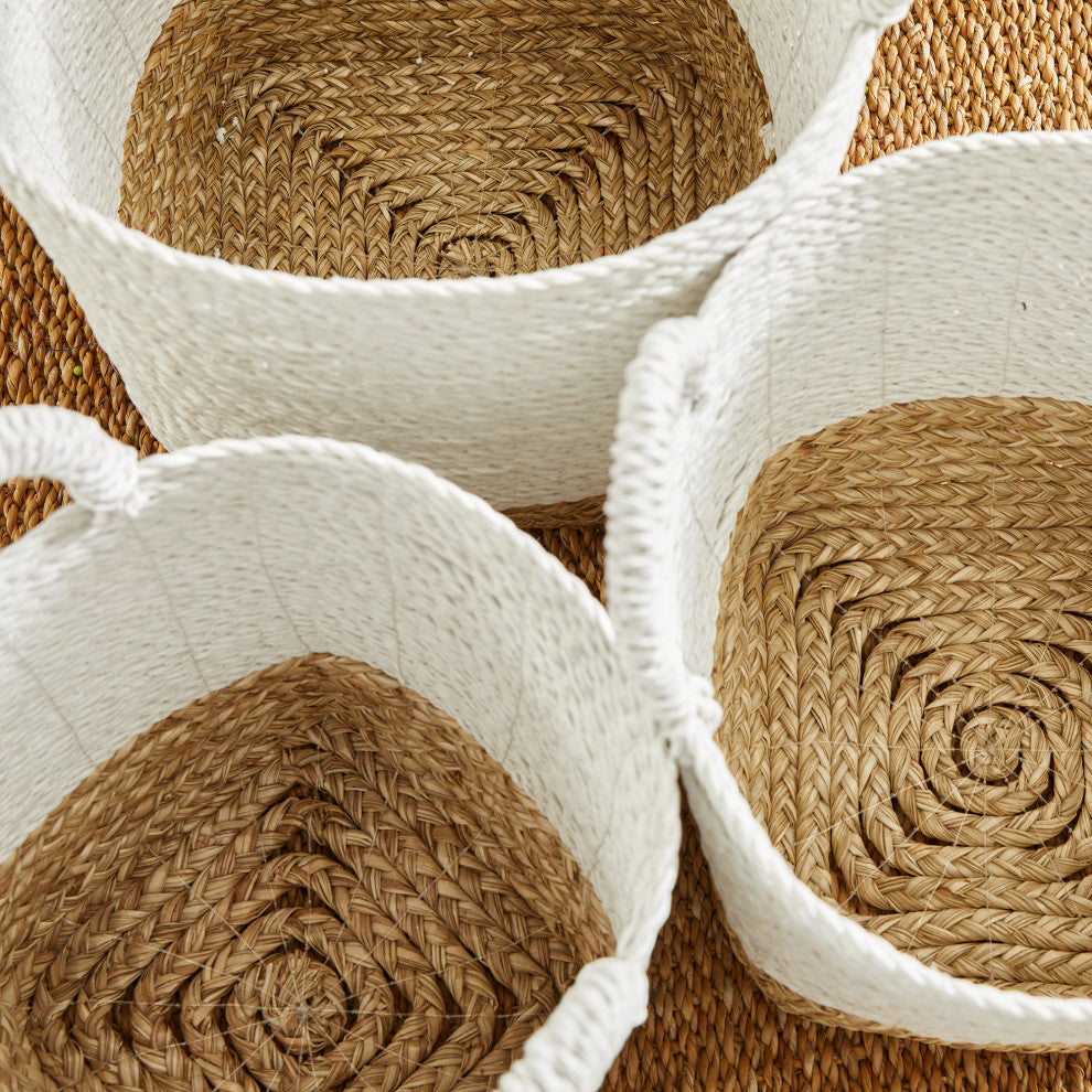 Set of 3 Contemporary Casual Natural White Round Tote Baskets Handles Large