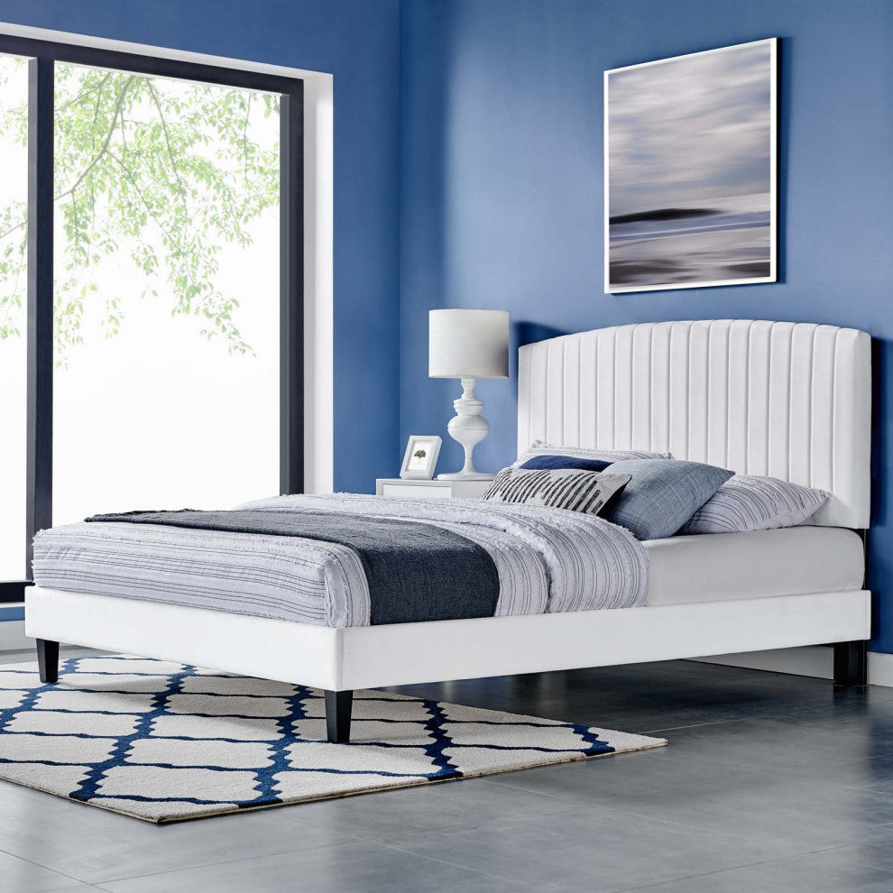 Platform Bed Frame, King Size, White, Velvet, Modern, Bedroom Guest Suite