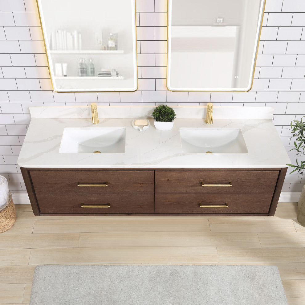 Cristo Floating Bath Vanity With Stone Top, Aged Dark Brown Oak, 72in., With Mirror