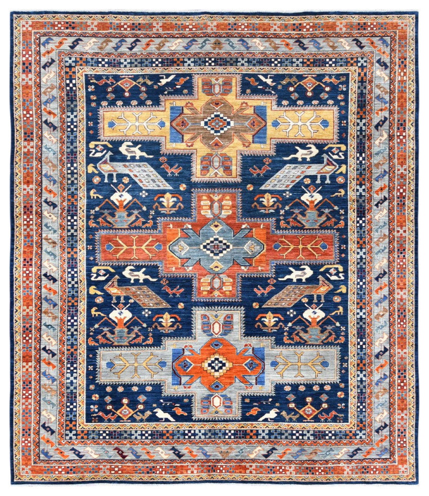 Navy Blue, Armenian Inspired Design 200 KPSI Wool Hand Knotted Rug, 9'1"x11'7"