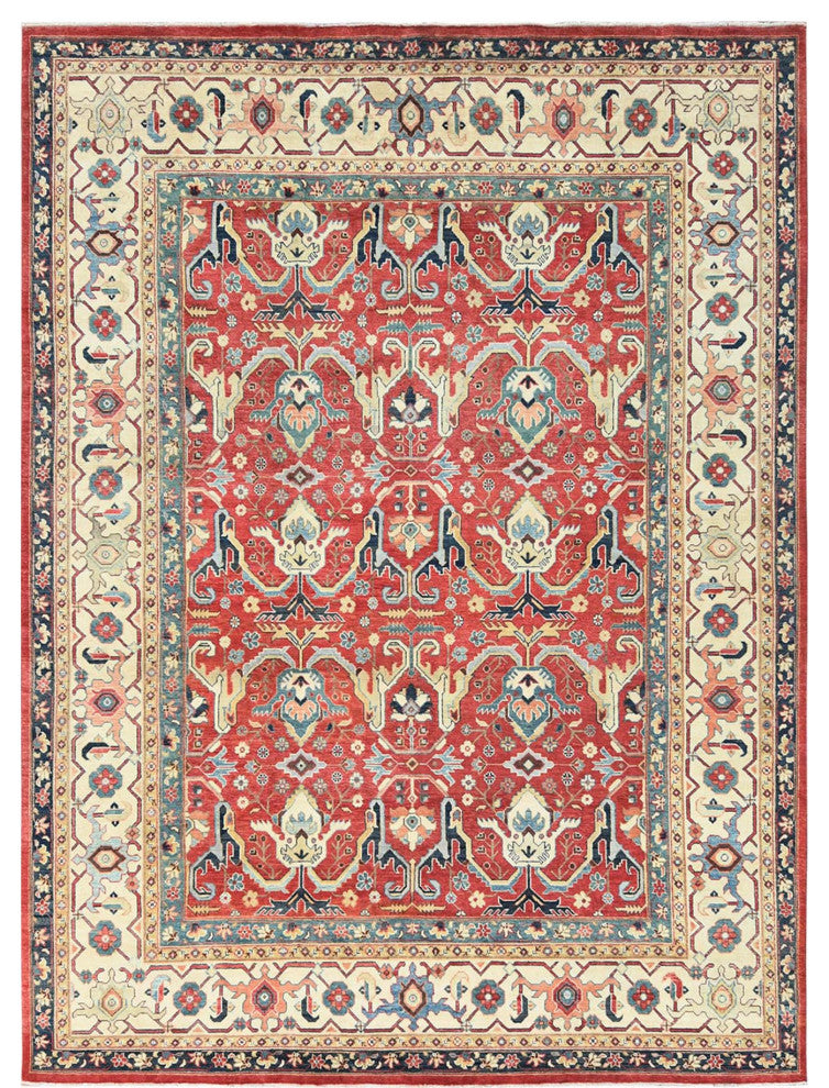 Soft Red Dense Weave Pure Wool Hand Knotted Bijar Garus Design Rug, 9'0"x12'0"