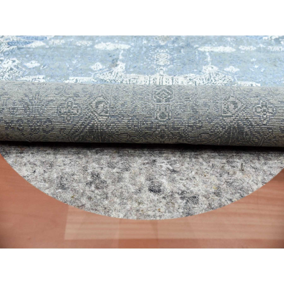 Blue Wool and Silk Jewellery Design Hand Knotted Oriental Round Rug, 10'0"x10'1"