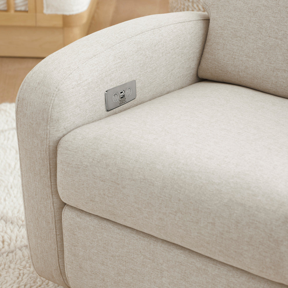 Nami Electronic Recliner and Swivel Glider Recliner, Boucle With USB port, Performance Beach Eco-Weave With Light Wood Base