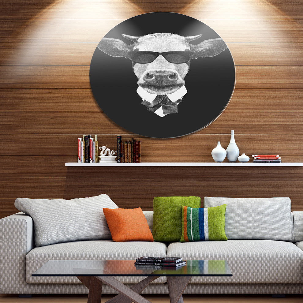 Funny Cow In Suit With Glasses, Modern Animal Round Metal Wall Art, 23"