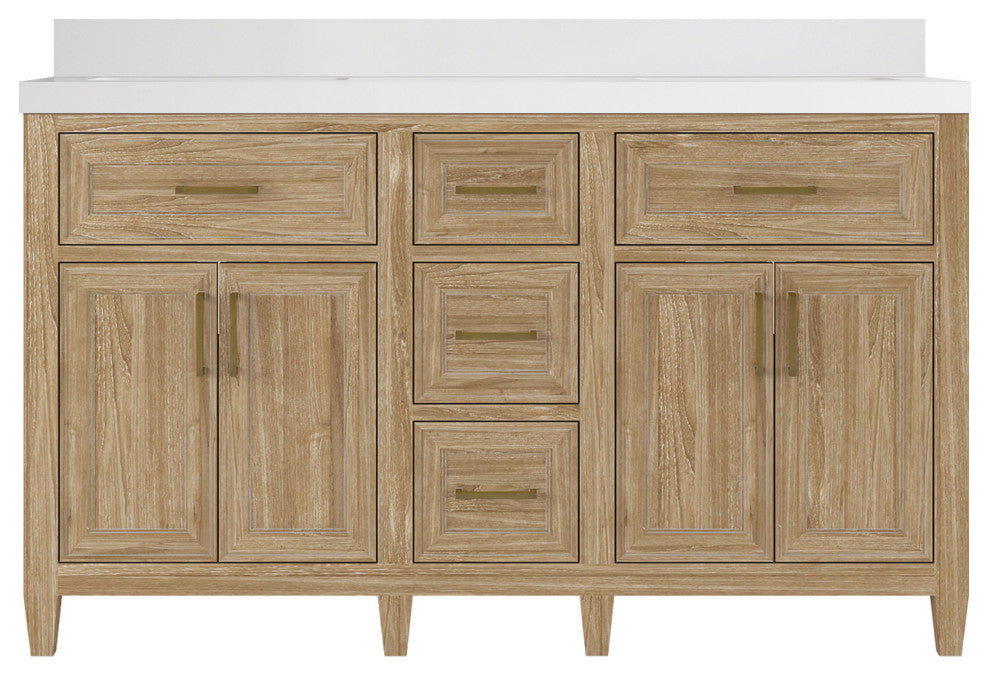 Santa Monica 60 Double Sink Bathroom Vanity in Whitewashed Teak 2" White Quartz