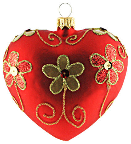 Red Heart With Gold Daisies Ornament